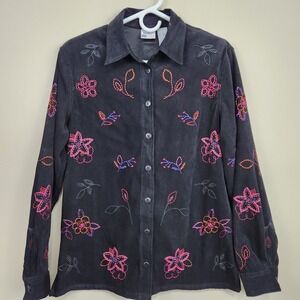 VTG KORET Button Up Needlepoint Moody Floral Velour Suede Black‎ Pink SZ S